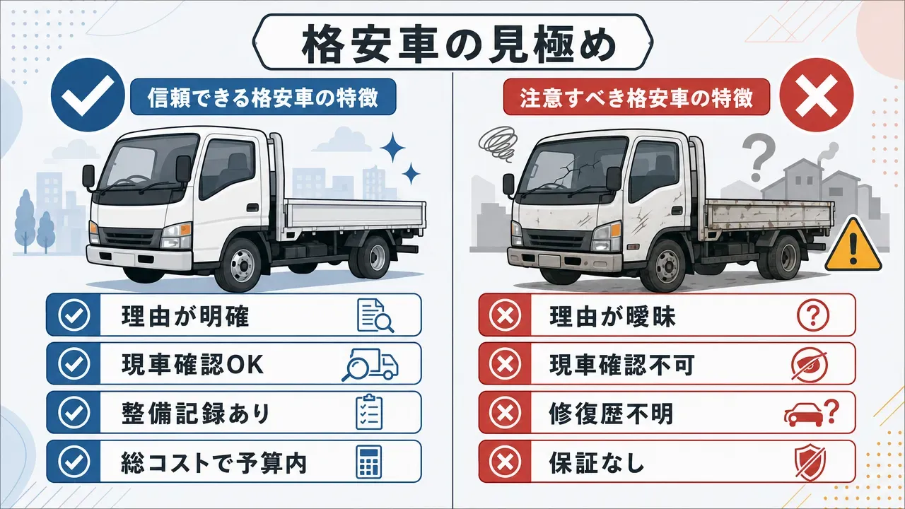 買ってもよい格安車と避けるべき格安車の条件を左右対比で示した図解