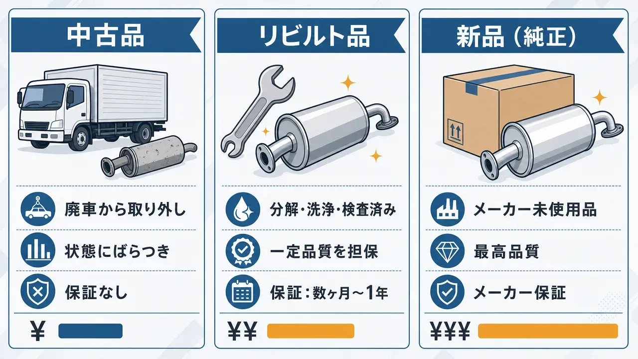 中古品・リビルト品・新品(純正)の3つのマフラー選択肢を比較する図。左から中古品(廃車取外し・保証なし・最安価)、リビルト品(分解整備済・保証あり・中価格帯)、新品(メーカー未使用・保証付・最高価格)。各列に価格帯を示すバー付き
