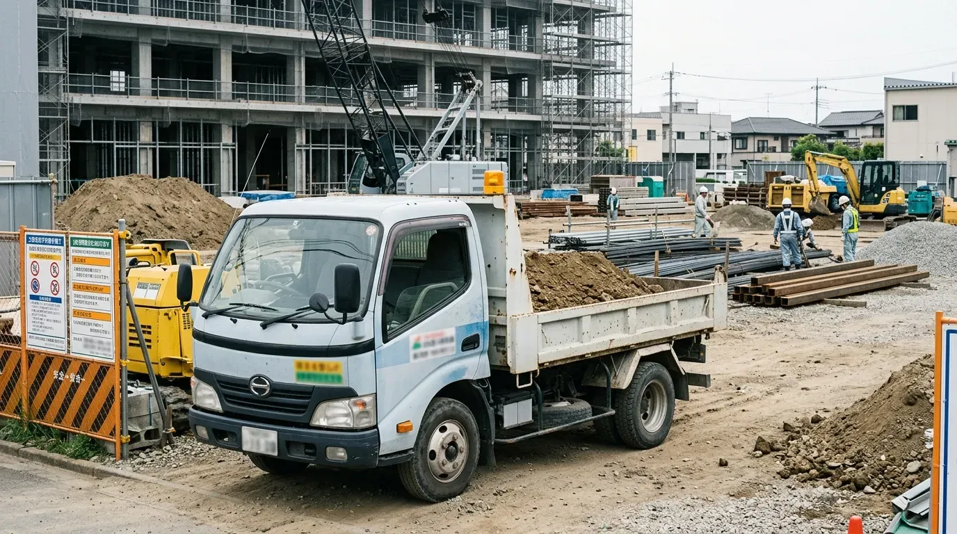 建設現場で稼働するダンプトラック。土砂や資材が積まれた現場の情景で、中古トラックの実際の使用環境を想起させる写真