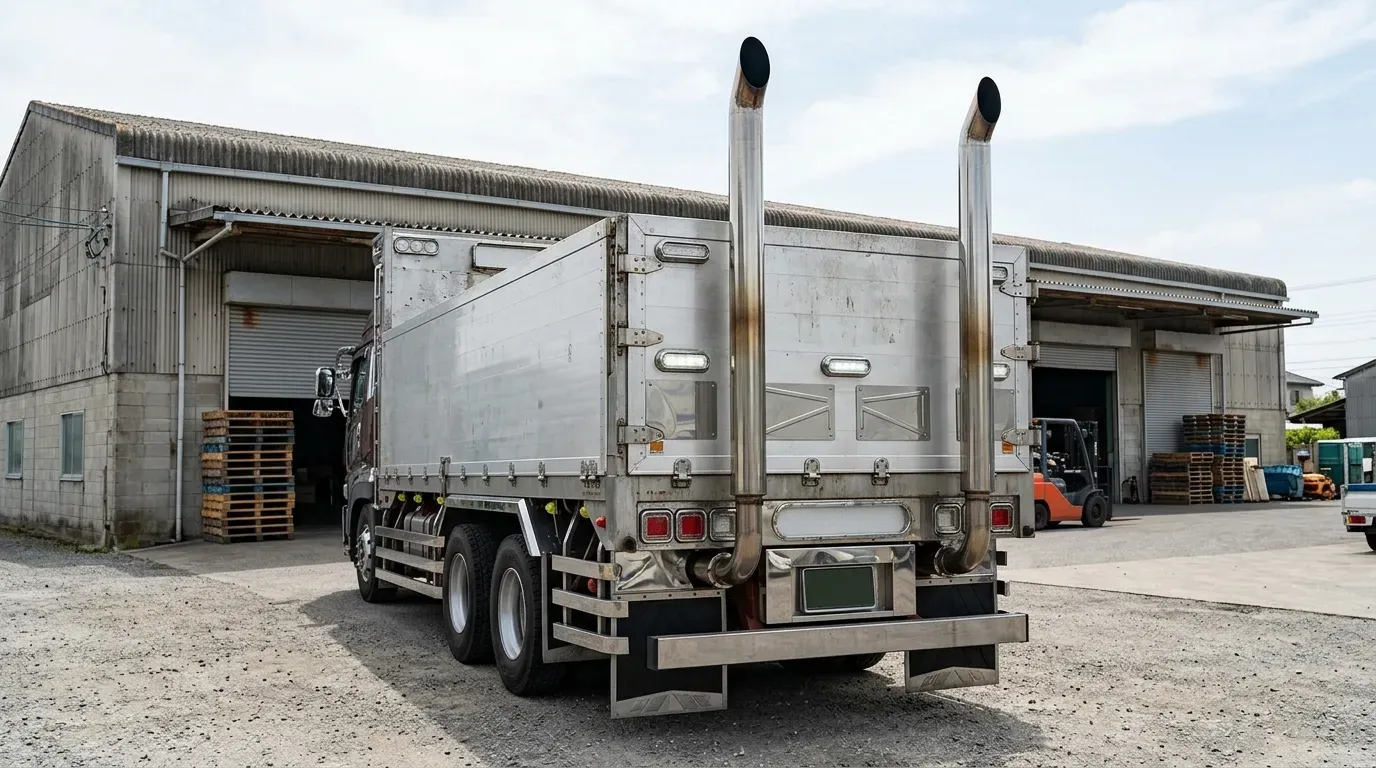 マニ割り施工により2本の煙突マフラー(スタック)を装着した大型デコレーショントラックのリアビュー