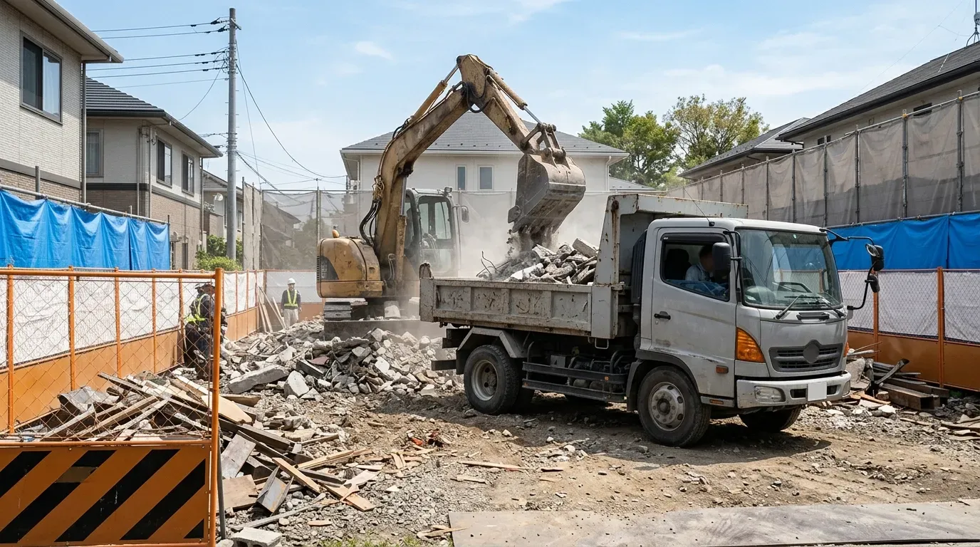 住宅街の解体現場で、油圧ショベルが強化ダンプトラックの荷台にコンクリートガラを積み込んでいる情景。安全柵と養生シートで囲まれた実用的な現場の様子。