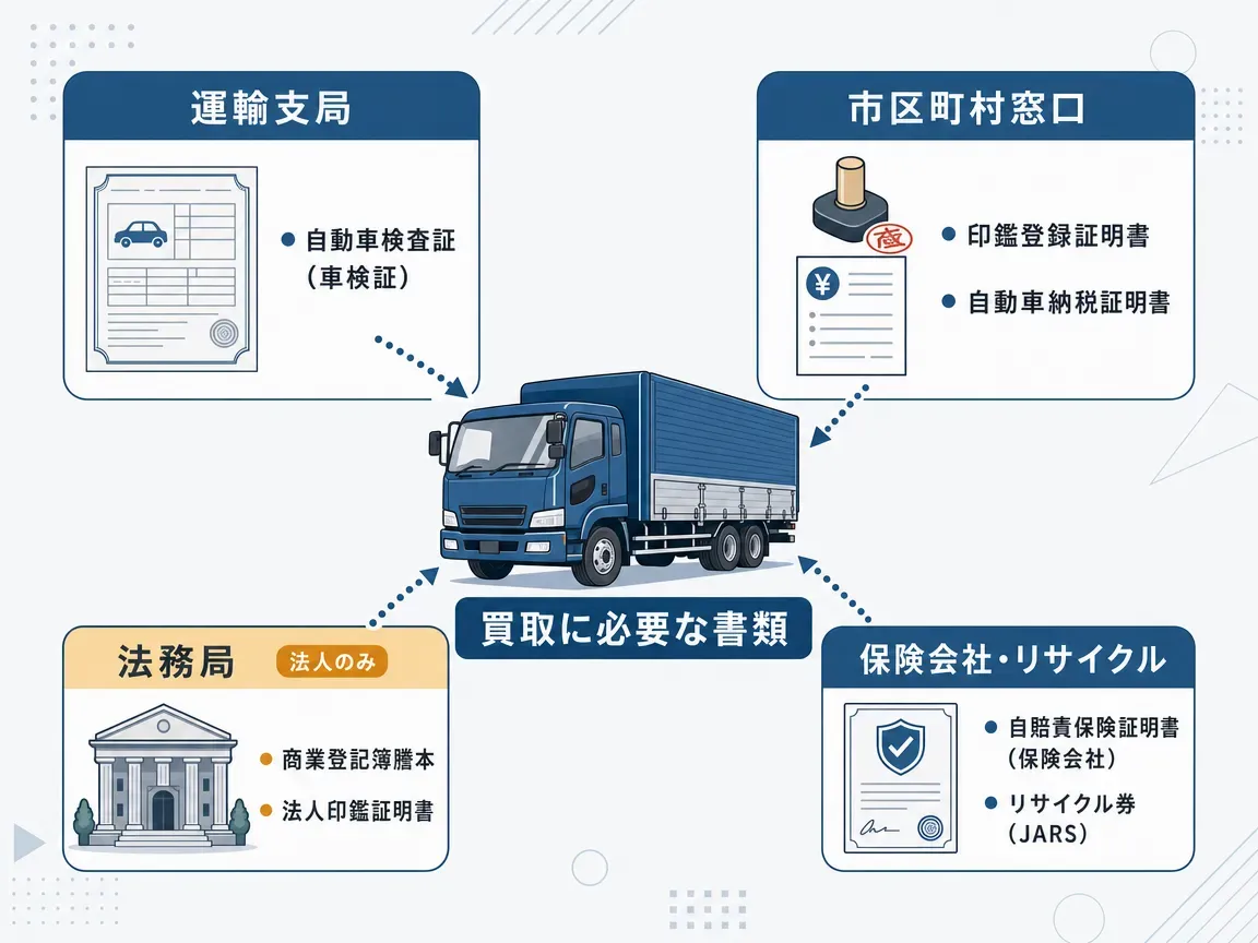 トラック買取に必要な書類と取得場所のマップ。運輸支局(車検証)、市区町村窓口(印鑑証明・納税証明)、法務局(登記簿・法人印鑑証明/法人のみ)、保険会社・リサイクル(自賠責証明書・リサイクル券)の4か所に分類。