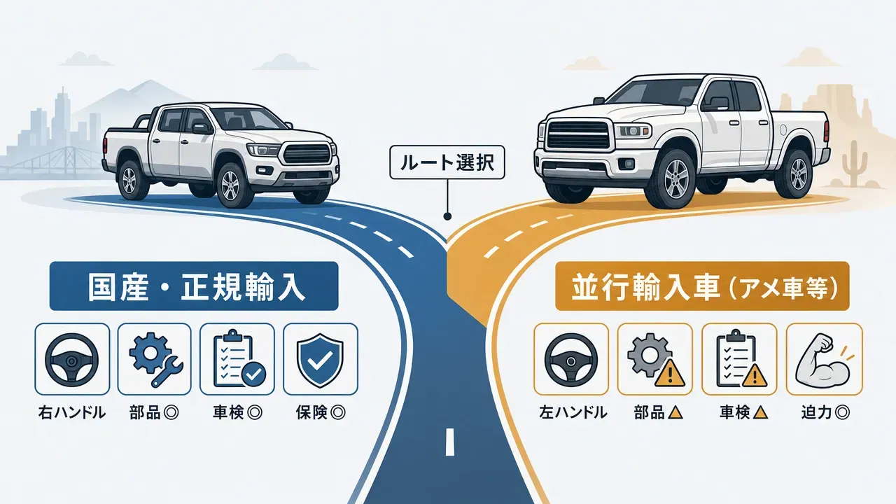 国産・正規輸入車と並行輸入車の選択を示す概念図。画面中央から左右に分岐する道で、左はハンドル右・部品調達容易・車検対応◎などのメリット、右は左ハンドル・部品調達難・迫力あるスタイルの特徴を対比
