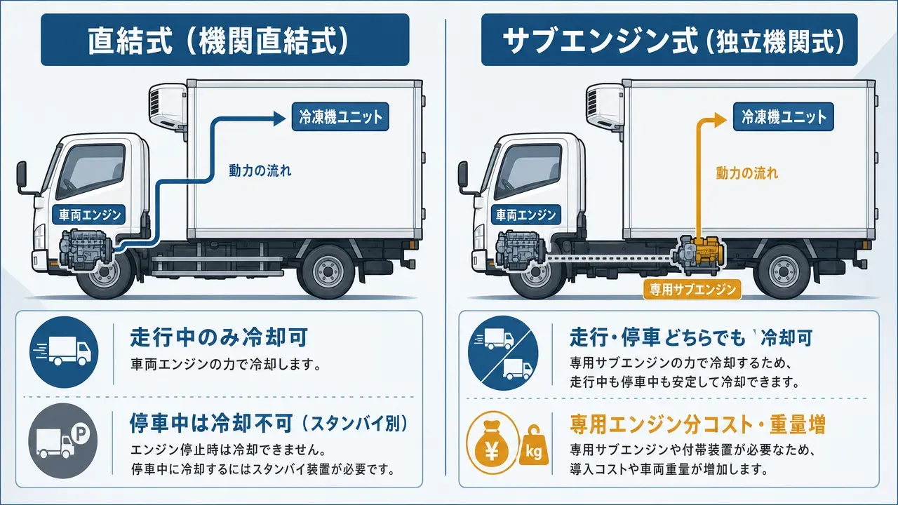 直結式(左)とサブエンジン式(右)の冷凍機動力方式の比較模式図。直結式は車両エンジンから直接動力を取り出し走行中のみ冷却可。サブエンジン式は専用小型エンジンを搭載し走行・停車どちらでも冷却可。