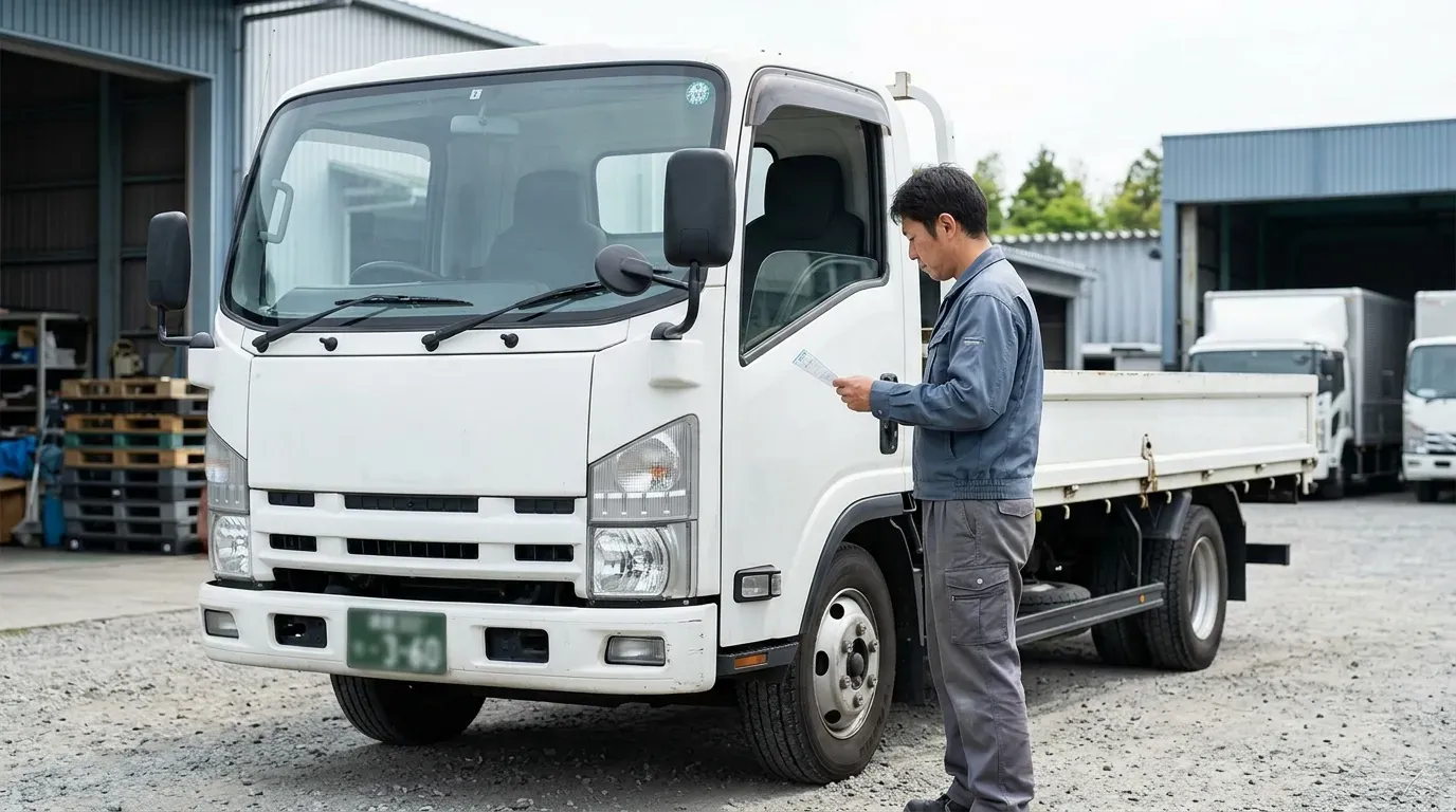 トラック運転手が中型トラックの横に立ち、車検証を手に持って車両の数値を確認している実用的なシーン