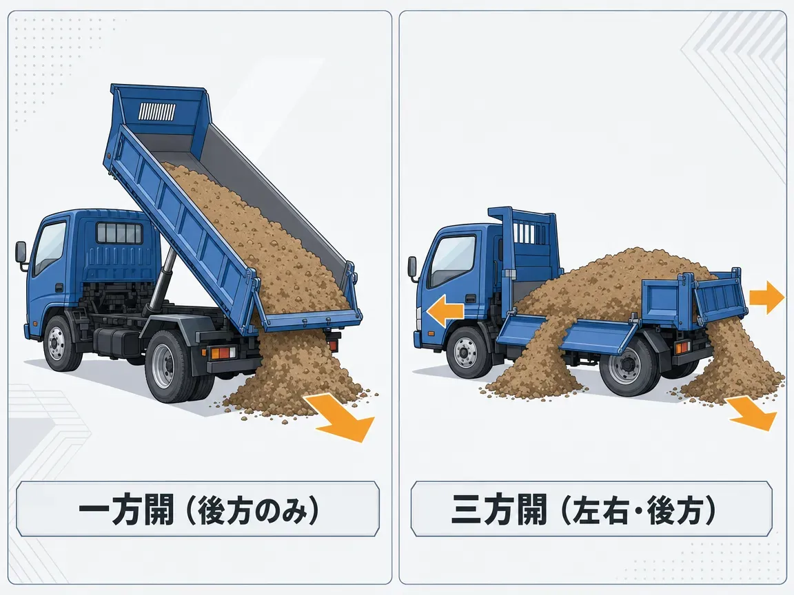 ダンプ機構の比較図。左:一方開(後方ダンプ)で後方のみに排土する様子。右:三方開(3転ダンプ)で左右・後方へ排土できる様子。矢印で排出方向を図示。