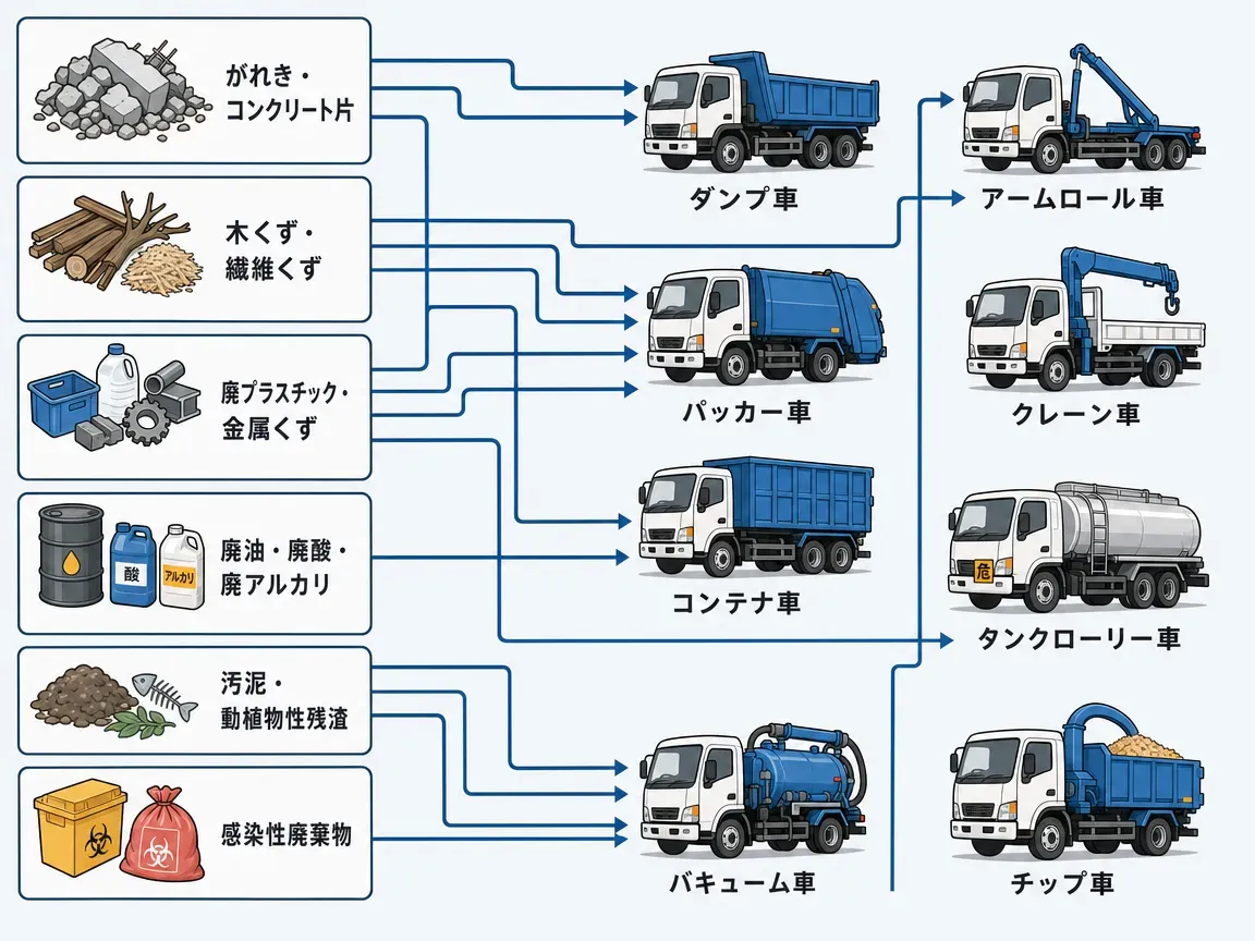 建設解体現場で4トンダンプ車がコンクリートがれきを荷台を傾けて荷下ろししている実務風景。日本の産廃収集運搬現場を想起させる整然とした作業光景