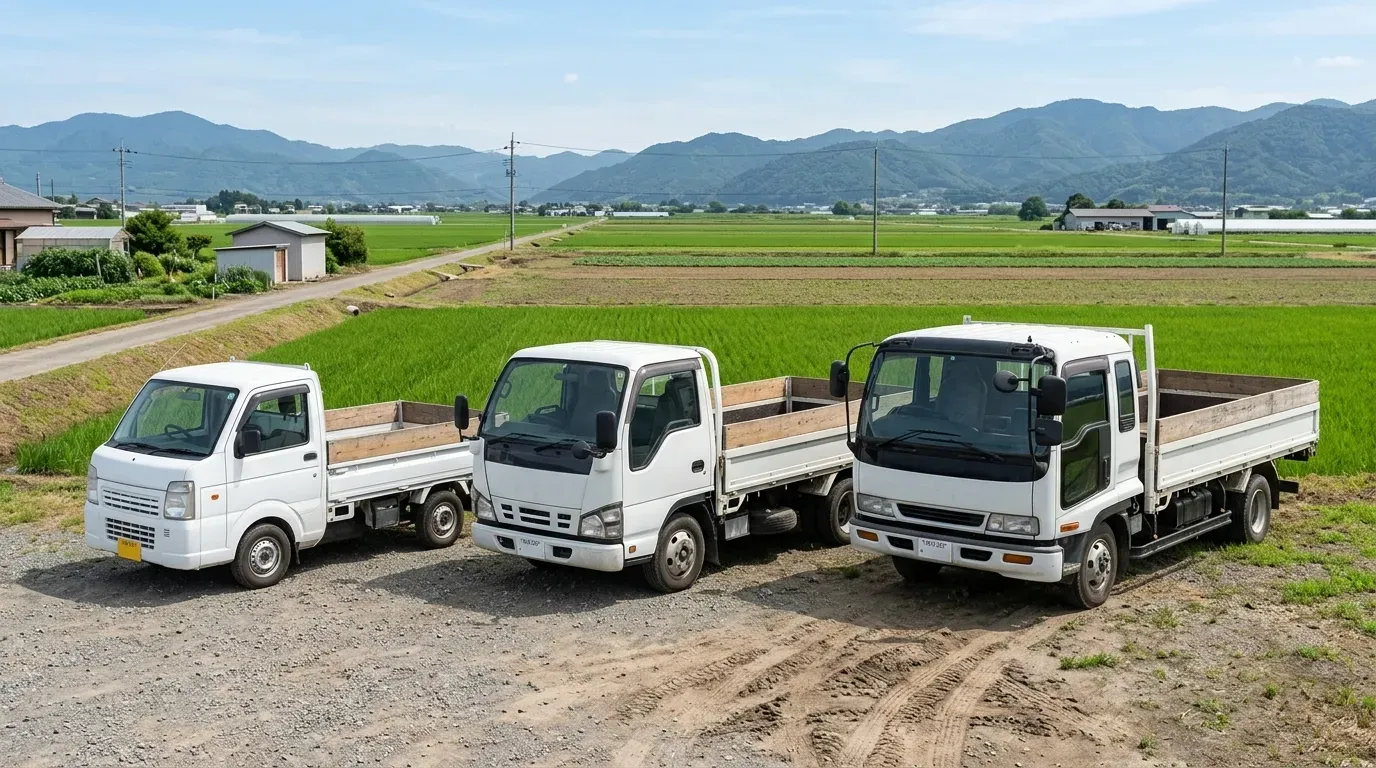 ぬかるんだ未舗装の農道を走行する軽トラック。荷台に収穫物コンテナを積み、水田や畑に囲まれた農村風景の中を走る情景