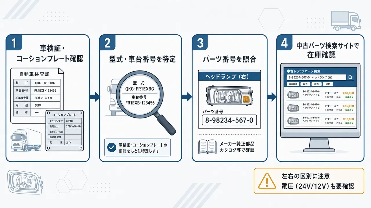 中古ヘッドライト適合確認の4ステップフロー図。①車検証・コーションプレート確認 → ②型式・車台番号を特定 → ③パーツ番号を照合 → ④中古パーツ検索サイトで在庫確認
