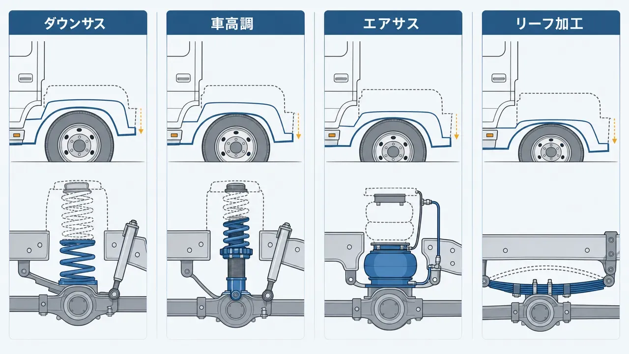 トラックの最低地上高9cmルールの図解。左:空車時の側面図に計測ポイント(マフラー・デフ・サスアーム)と9cmの矢印表示。右:積載時にリーフスプリングがたわみ地上高がさらに低下する様子