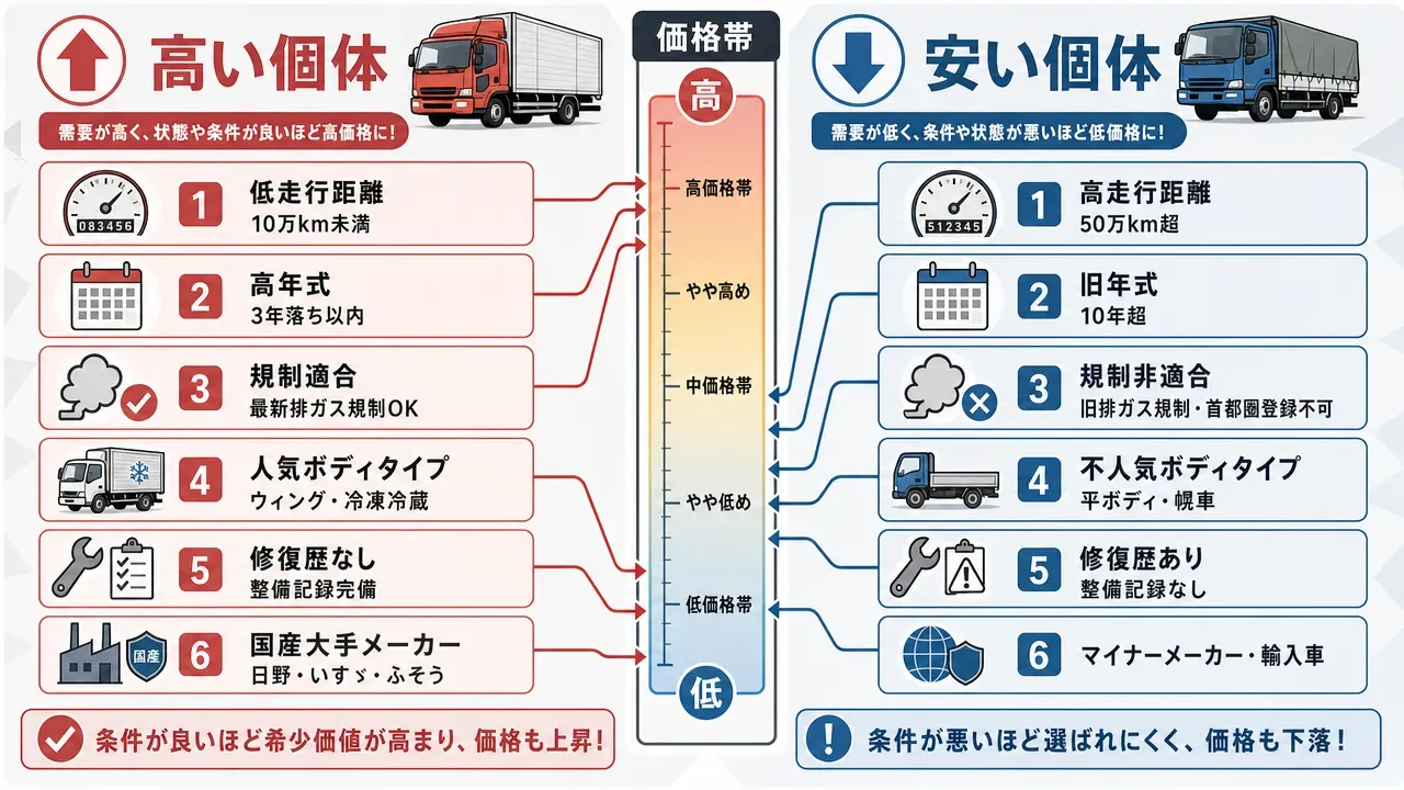 中古トラックの高い個体と安い個体の対比図。左に高い個体(低走行距離・高年式・規制適合・人気ボディ・修復歴なし・国産大手)、右に安い個体(高走行距離・旧年式・規制非適合・不人気ボディ・修復歴あり・マイナー)を並べ、中央の価格スケールで対比している