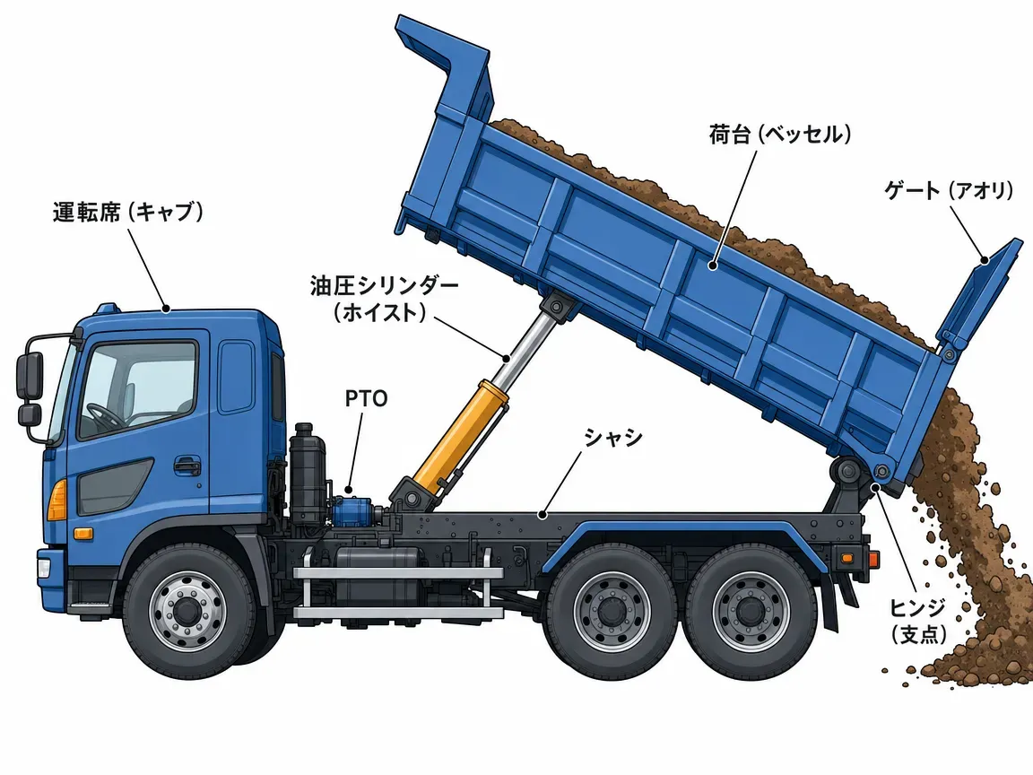 業種(建設・土木、解体・産廃、農業・畜産、除雪・冬季、リサイクル・造園)と推奨ダンプタイプ(土砂ダンプ、土砂禁ダンプ、ファームダンプ、強化ダンプ)の対応マトリクス図