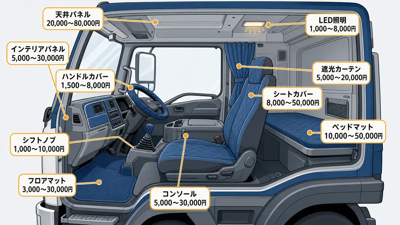 トラック内装カスタムの合法・違法比較図。左側「合法・車検OK」:ダッシュボード上がすっきり、エアバッグ対応シートカバー、カーテン開放、白色室内灯。右側「違法・車検NG」:ダッシュボード上のぬいぐるみで視界妨害、シートベルト取り外し、走行中カーテン閉、赤色室内灯。