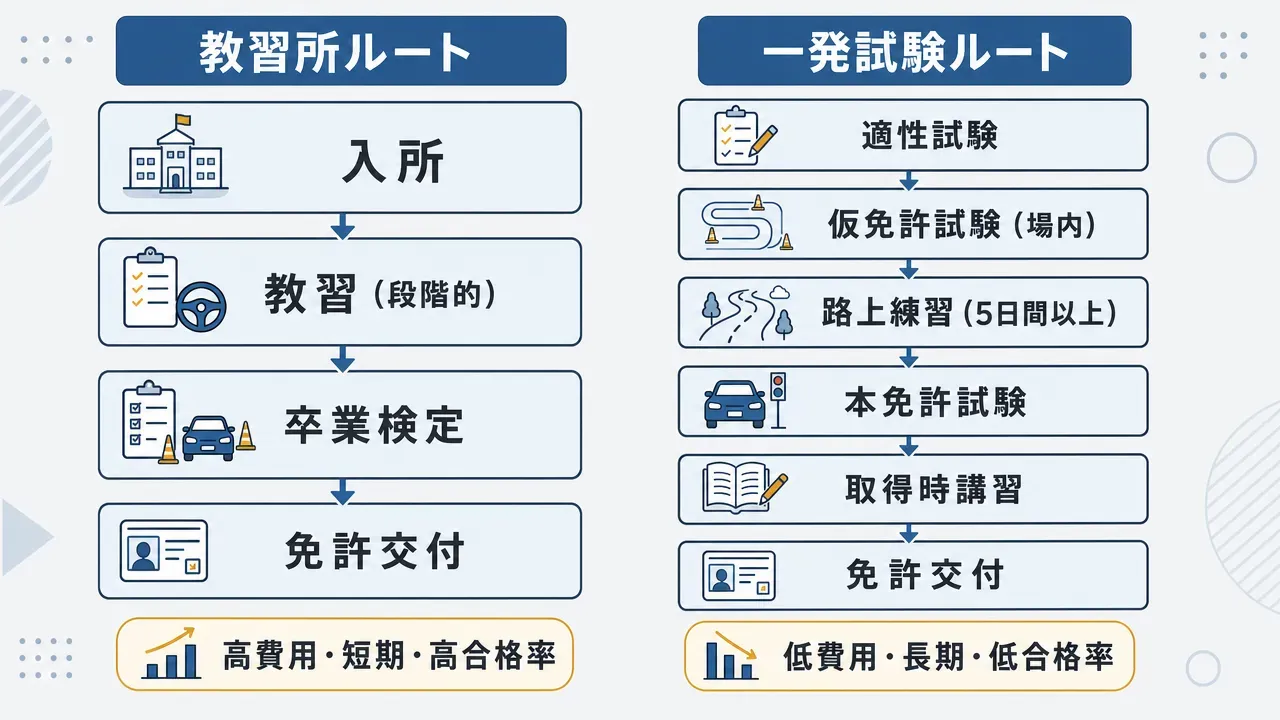 教習所ルート(入所→教習→卒業検定→免許交付の4ステップ)と一発試験ルート(適性試験→仮免許試験→路上練習→本免許試験→取得時講習→免許交付の6ステップ)を左右に並べて比較したフローチャート。下部に費用・期間・合格率の傾向を補足ラベル付き。