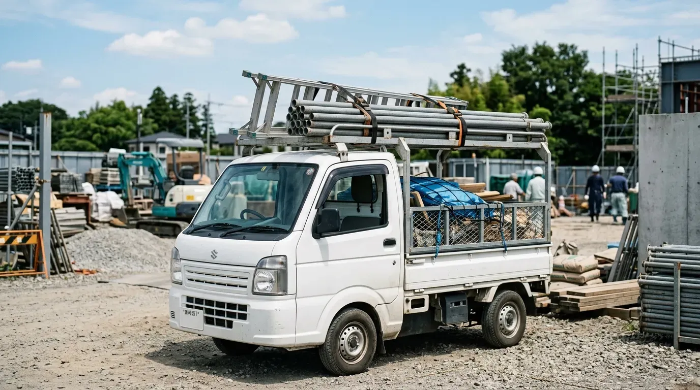 軽トラックにルーフラックを取り付け、脚立と単管パイプを積載した実用例。建設現場を背景にした実務的な情景写真