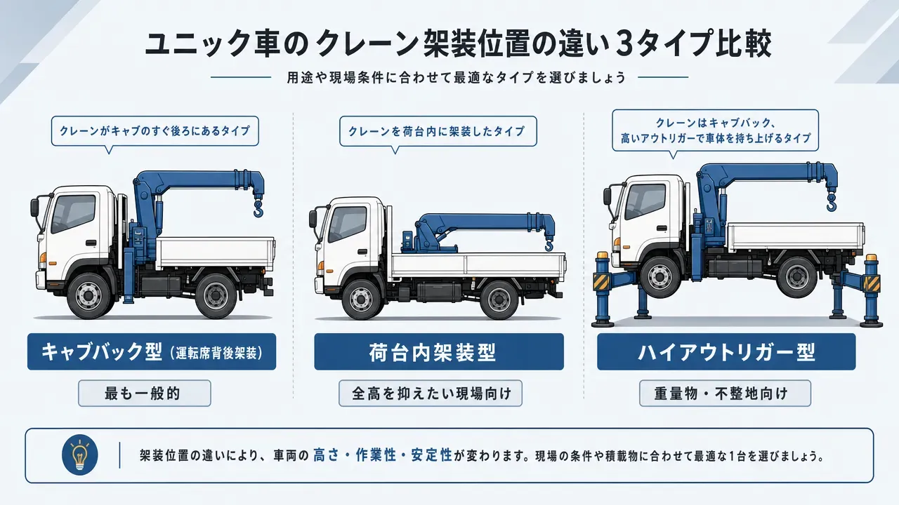 ユニック車のクレーン作業半径と吊り上げ荷重の関係を示す概念図。ブーム最短(作業半径小)で2.93t、ブーム中程度(約4m)で約1.0t、ブーム最長(約6m)で約0.5tと、ブームを伸ばすほど吊り能力が下がることを3段階で比較