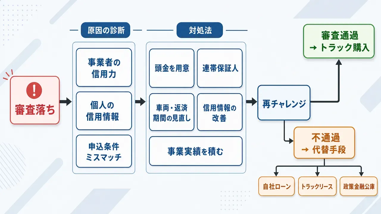 トラック購入資金の調達手段比較図。銀行ローン・自社ローン・トラックリースを審査難易度・金利・頭金・所有権・月額の5項目で横並び比較。審査難易度は銀行ローンが厳しく自社ローン・リースは比較的緩い。所有権はローン系は完済後にあり、リースはリース会社に帰属。