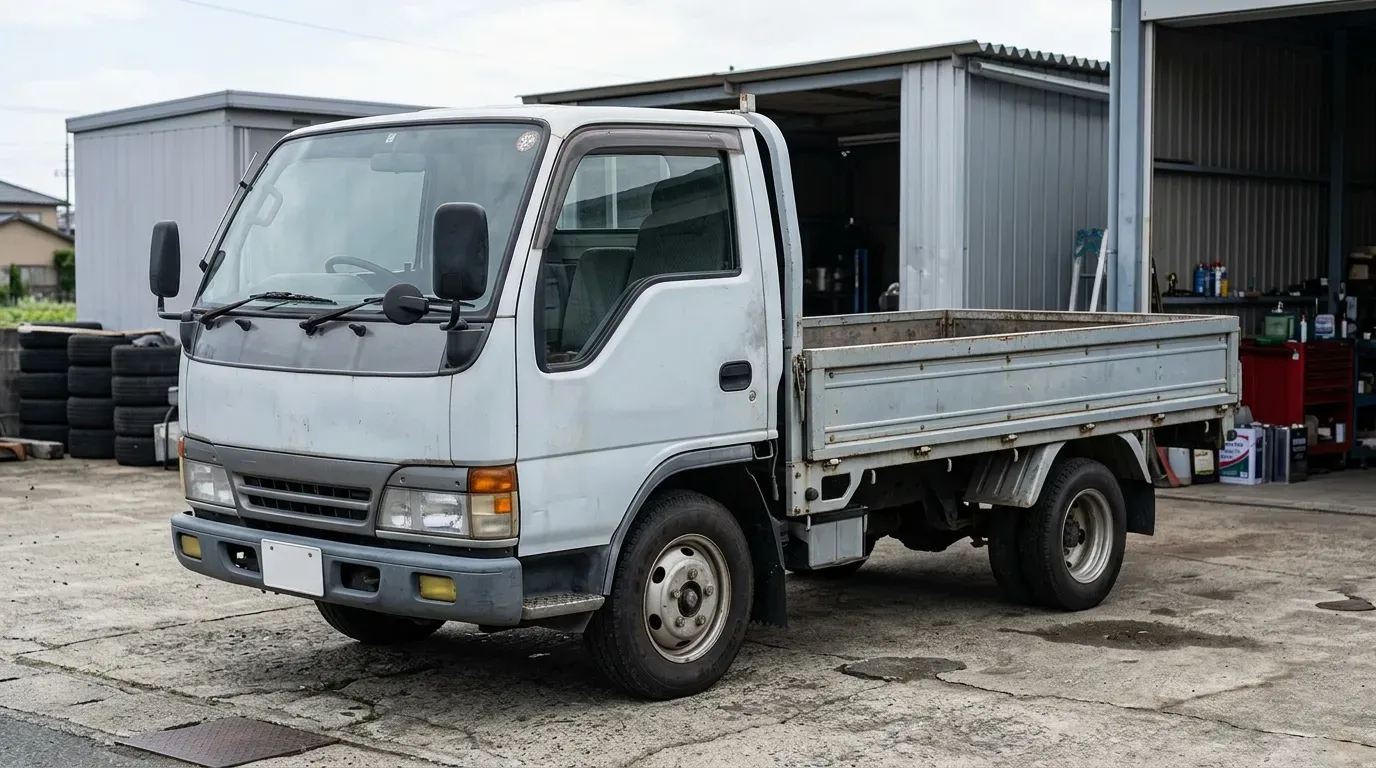 整備が必要な状態で駐車された、年式の古い小型トラック。車両本体が無料でも、公道を走れる状態にするまでに整備費用が別途かかる現実を示す情景写真