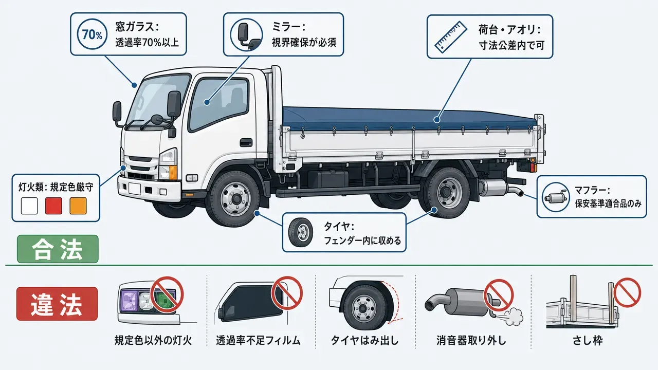 トラックの側面シルエットに6つの部位別コールアウトを付けた合法/違法の境界マップ。灯火類(規定色厳守)、窓ガラス(透過率70%以上)、ミラー(視界確保)、荷台(寸法公差内で可)、マフラー(保安基準適合品のみ)、タイヤ(フェンダー内に収める)。下部に違法となる行為の禁止アイコンを併記。