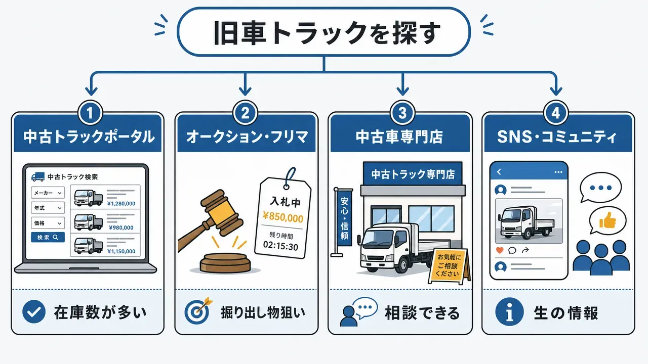 旧車トラックの部品入手5ルート(パーツ検索サイト、解体屋、ネットオークション、コミュニティ、ワンオフ製作)をコストと入手スピードで比較したマトリクス図