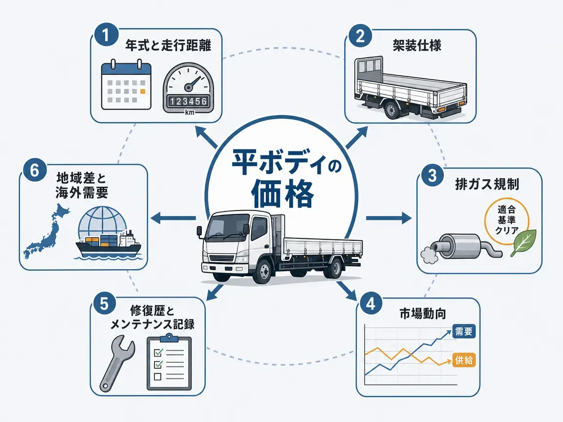 中古平ボディの価格を左右する6つの要素の関係図解