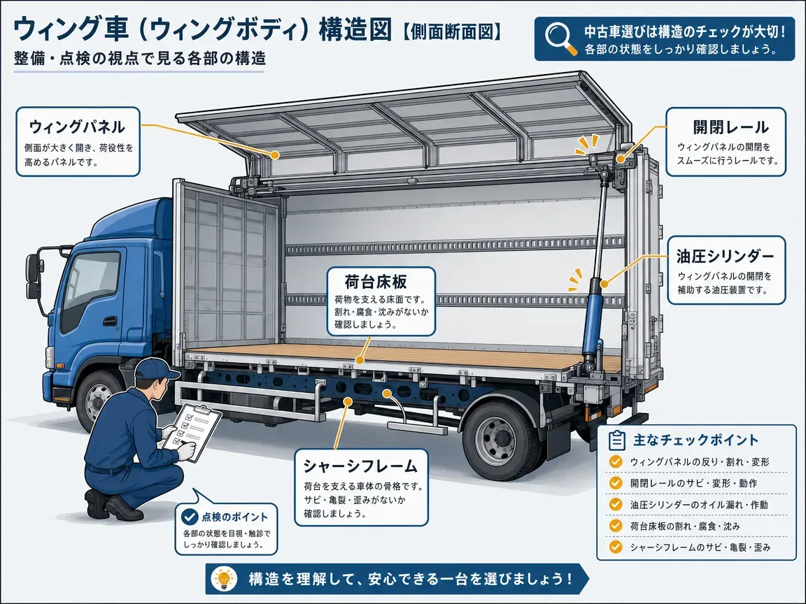 中古ウイング車の価格を決める主要な要素をまとめたインフォグラフィック