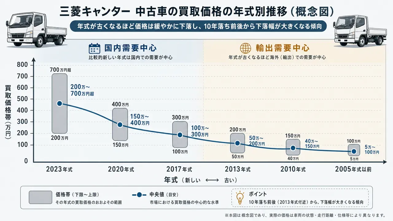 キャンターの年式別買取相場の下落カーブ。2023年式(200万〜700万円超)から2005年式以前(5万〜100万円)までの価格帯を帯グラフで示し、国内需要と輸出需要のゾーンを色分けした概念図