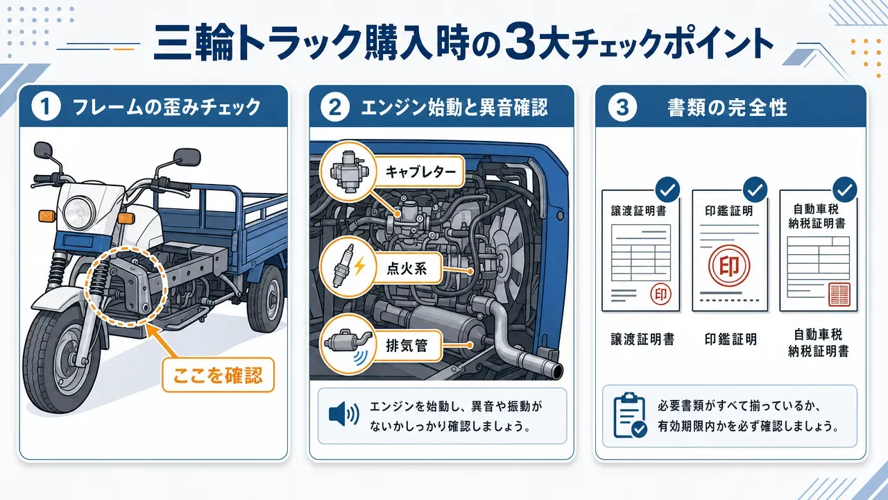 三輪トラック中古購入時の3大チェックポイント図解。フレームの歪み確認、エンジン始動と異音確認、書類の完全性の3つを左から右へパネルで整理したインフォグラフィック