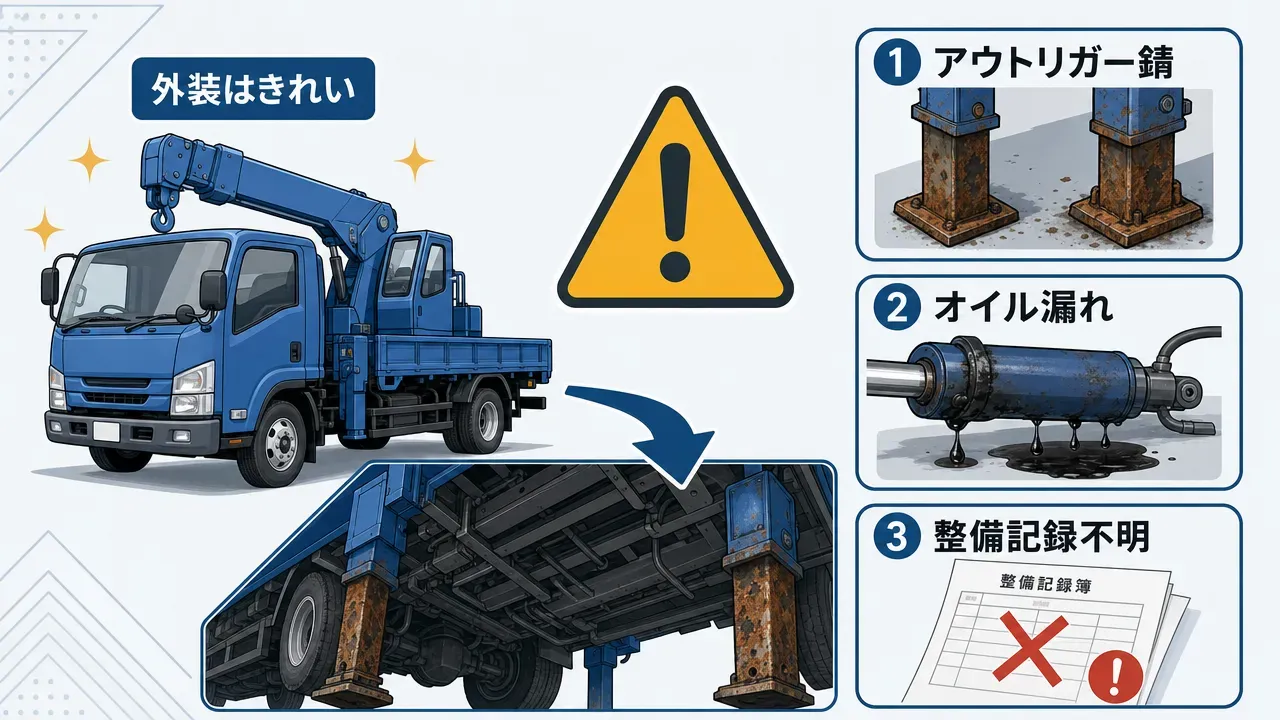 安いクレーン車の外装のきれいさと、アウトリガーやオイル漏れなど隠れたリスクを対比して示す図解
