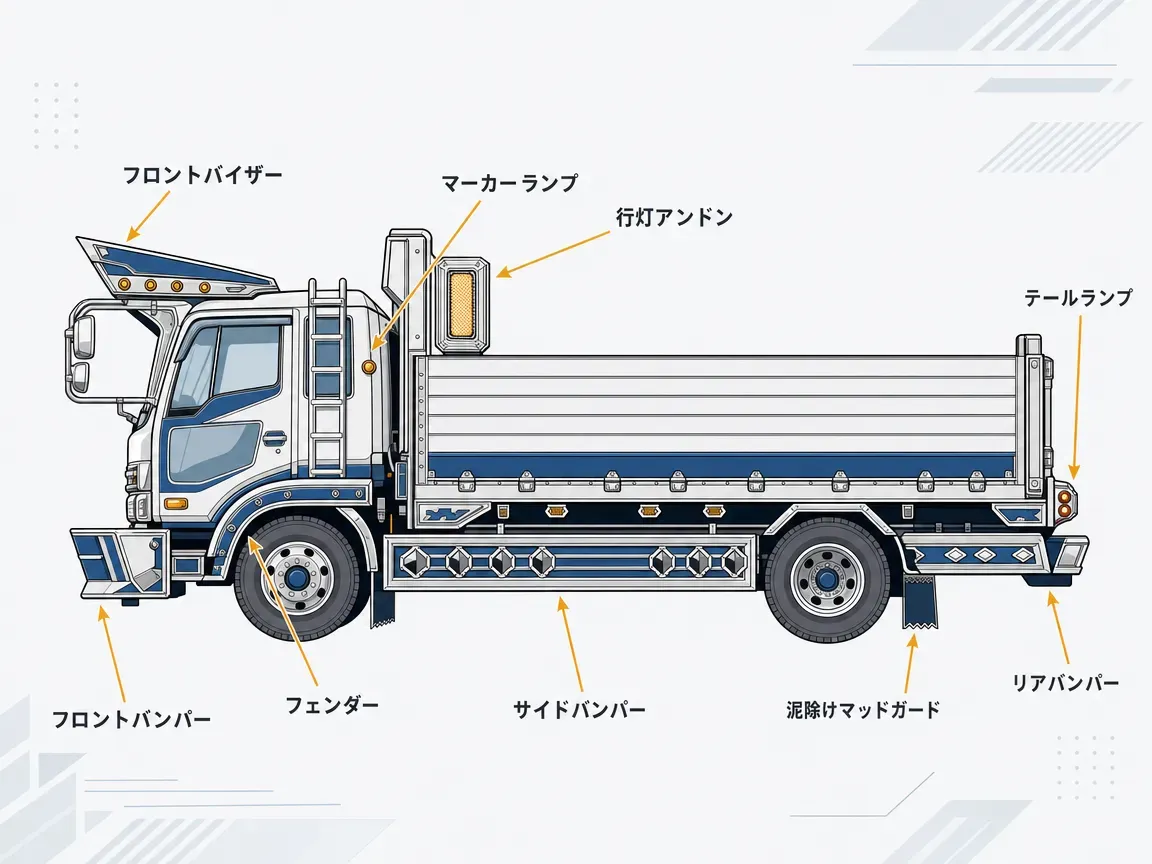 デコトラカスタム3段階ロードマップ。STEP1:電飾・小物(20万〜150万円)→ STEP2:外装パーツ交換(50万〜700万円)→ STEP3:塗装・フルカスタム(150万〜3000万円超)を左から右への矢印で示す。各段階のトラックイラストがカスタムの進行度を表現