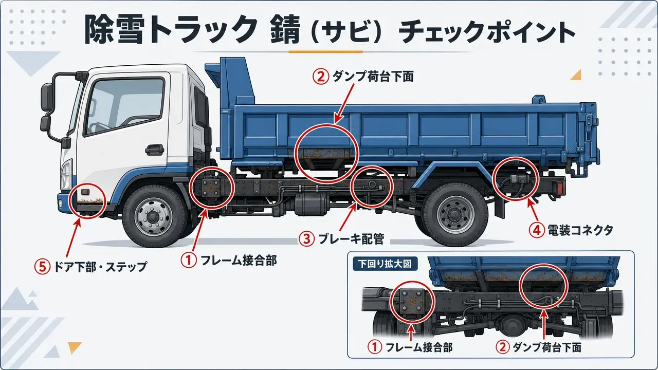 中古除雪トラック購入時に確認すべき錆のチェックポイントを示す説明図。トラックの側面図に赤い矢印で5箇所(フレーム接合部、ダンプ荷台下面、ブレーキ配管、電装コネクタ、ドア下部・ステップ)を指し示し、下面図のインセットでフレーム接合部と荷台下面を拡大表示。実車確認時に見るべき箇所を直感的に伝える。