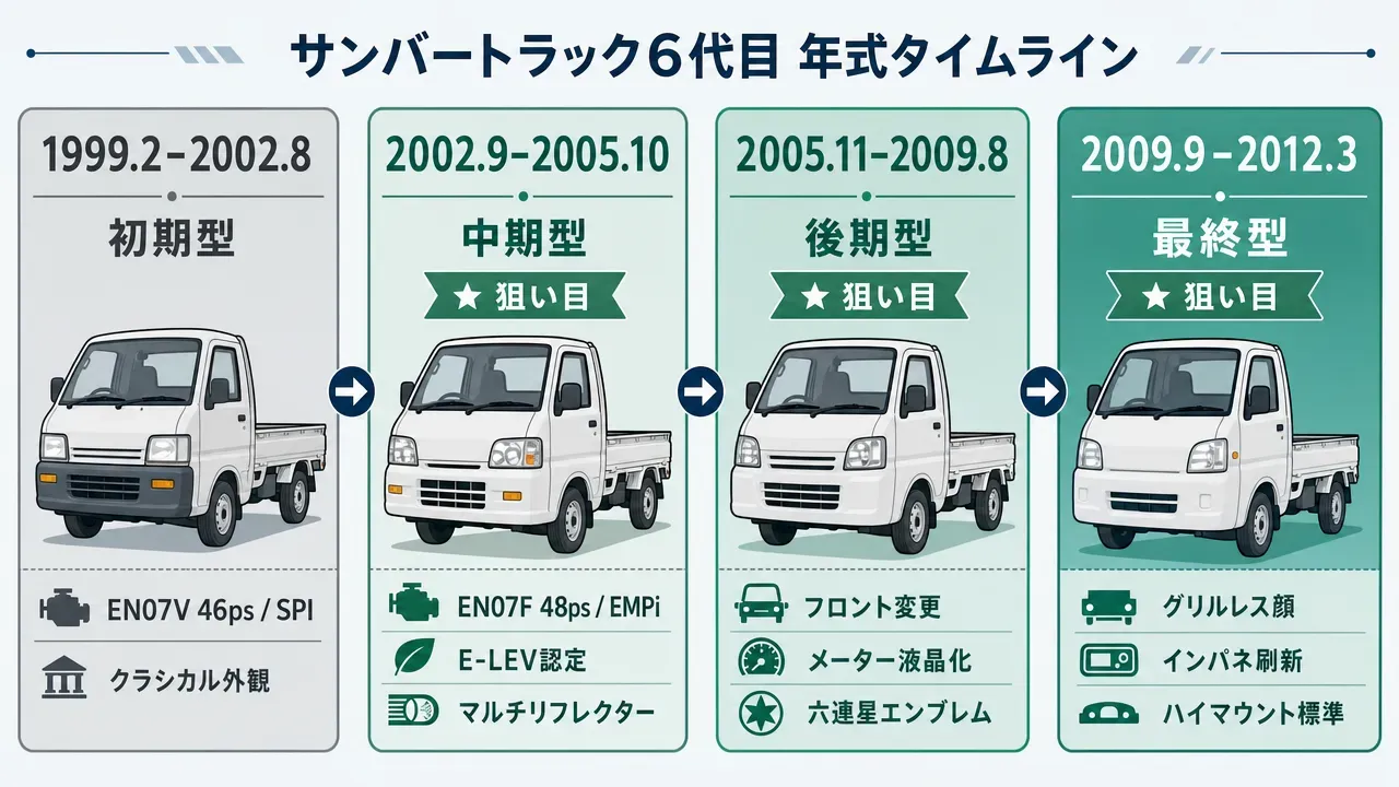 サンバートラックのサビ注意箇所を示す車体イラスト。フロントフレーム内部、Y字フレーム結合部、ドア下部の水抜き穴周辺、樹脂カバー裏側の4箇所を赤い矢印で表示