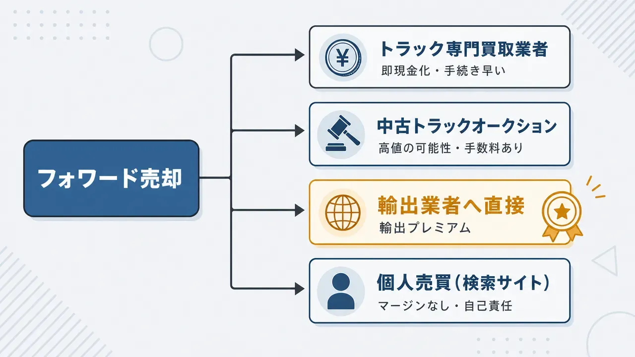 フォワードの4つの売却ルートを示すフロー図。左端の『フォワード売却』から、買取業者・オークション・輸出業者・個人売買の4経路に分岐し、各ルートの特徴(即現金化・高値の可能性・輸出プレミアム・マージンなし)を表示