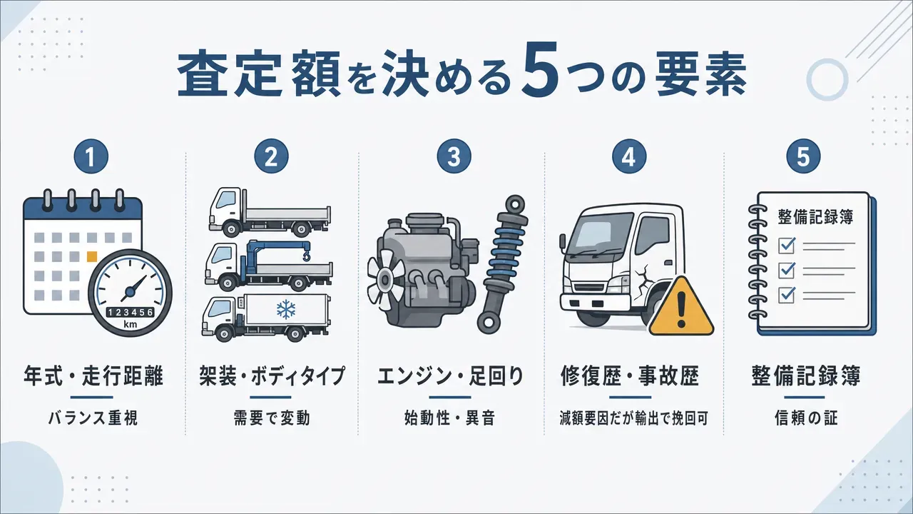 中古トラックの売却ルート5種類の比較フロー図。あなたのトラックから分岐し、専門買取業者/ディーラー下取り/中古車オークション/個人売買/廃車・スクラップへ至る経路と特徴を図示