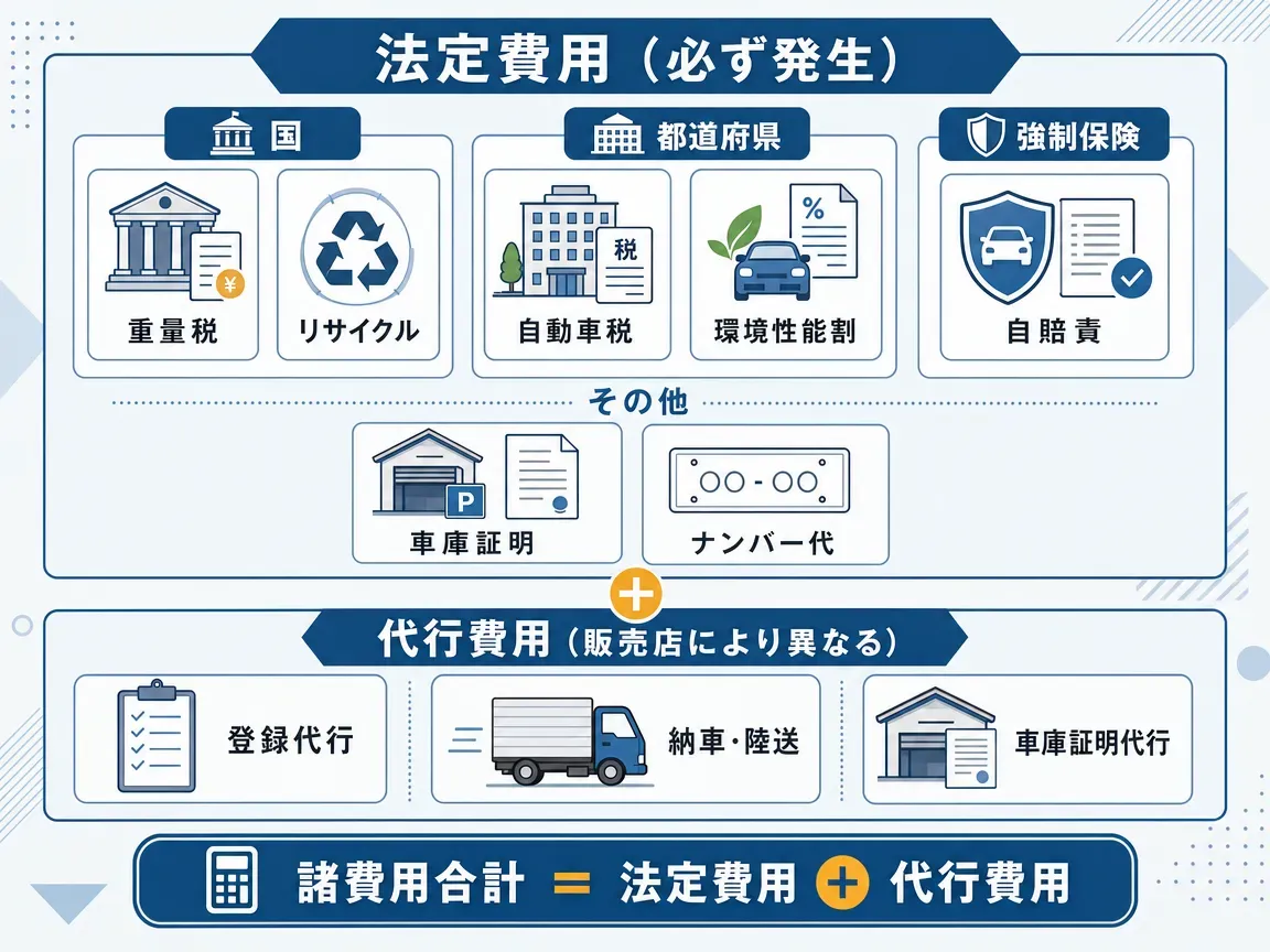 小型(2t)・中型(4t)・大型(10t)の中古トラック購入における総支払額シミュレーションを積み上げ棒グラフで比較した図。各サイズで「頭金あり(20%)」と「頭金なし(フルローン)」の2本を並べ、頭金・借入額・諸費用の積み上げ構成と月々返済額・総利息を表示。