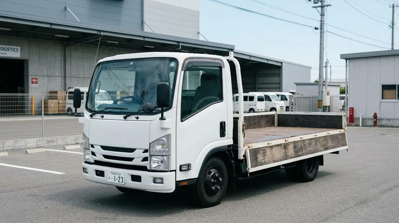 普通免許で運転できる1.5トン積み小型トラック(平ボディ)の実例。白いキャブと荷台を持つ小型商用トラックが物流施設に停車している様子