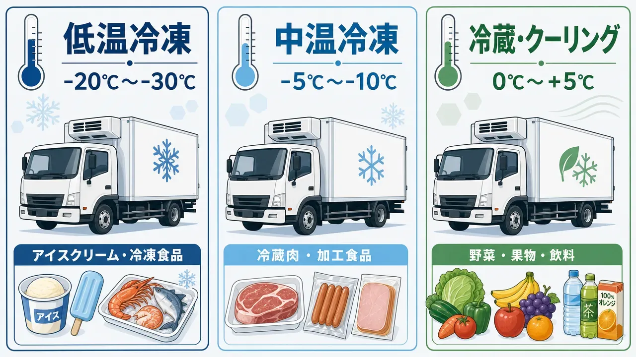 低温冷凍・中温冷凍・冷蔵の3つの温度帯とそれぞれの食品用途を示す図解
