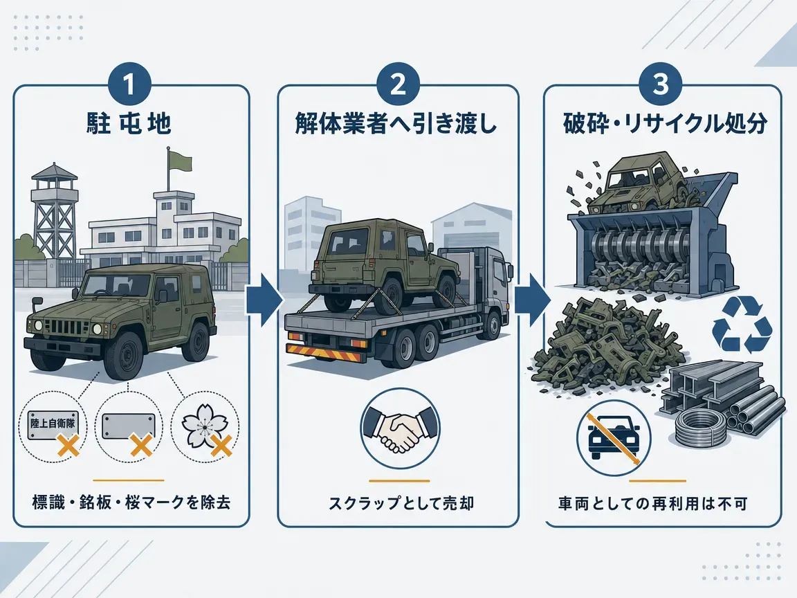 払い下げ元別の代表車両比較。左から、自衛隊の73式小型トラック(OD色・幌付き、原則払い下げ不可)、郵便局の赤帽車(赤色軽貨物、入札で購入可能)、運送会社のウイング車(大型トラック、中古市場で流通)。