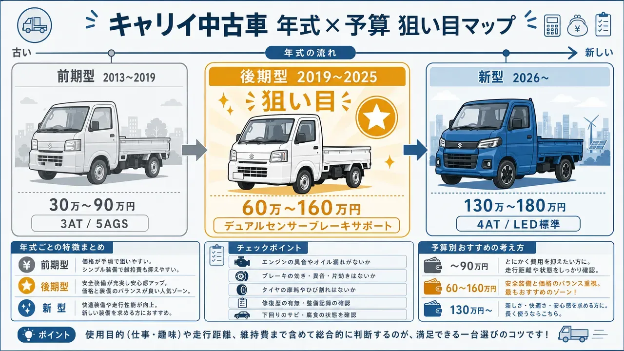 キャリイ中古車の年式×予算狙い目マップ。前期型(2013〜2019)・後期型(2019〜2025)・新型(2026〜)の3区分をタイムラインで示し、後期型が予算と装備のバランスで最も狙い目であることを色分けで強調した図解