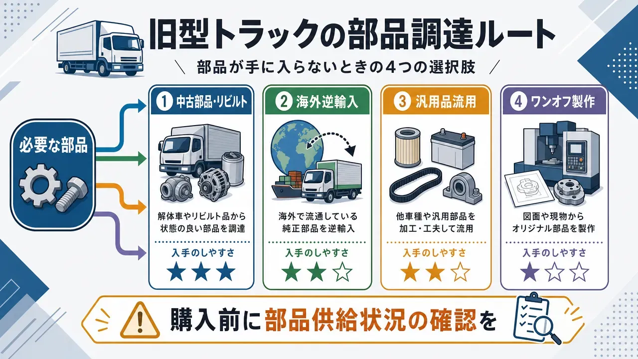 大型・中型、小型、軽の3クラスの旧車トラックのシルエット比較。左から右へサイズ順に並び、フォルムの違いが一目で分かる