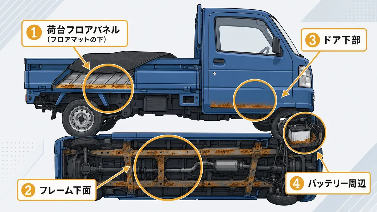 中古軽トラ人気4車種（ハイゼットトラック、キャリイ、アクティトラック、サンバートラック）の側面シルエットを横に並べた比較図。キャビン形状・荷台長・全体プロポーションの違いが視覚的にわかる。アクティトラックのみミッドシップ特有の異なるシルエット。