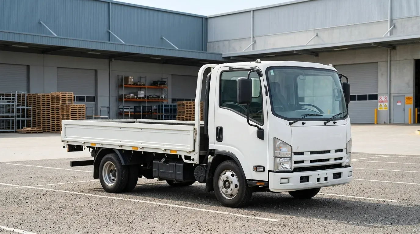 物流倉庫前に停車した白い2t平ボディトラック。準中型免許で運転できる代表的な車両