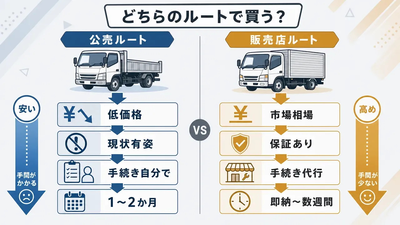 公売ルートと販売店ルートの2経路比較図。公売は低価格だが手続き自己対応・保証なし、販売店は市場相場だが保証あり・手続き代行