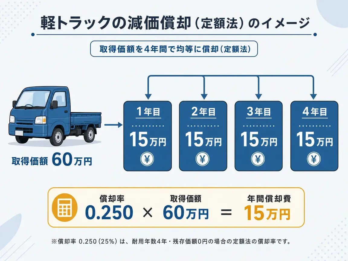 中古軽トラックの耐用年数計算フロー図。法定耐用年数4年を全部経過している場合は4年×0.2で2年、一部経過の場合は(4年−経過年数)+経過年数×0.2で計算し端数切捨て。いずれも最低2年