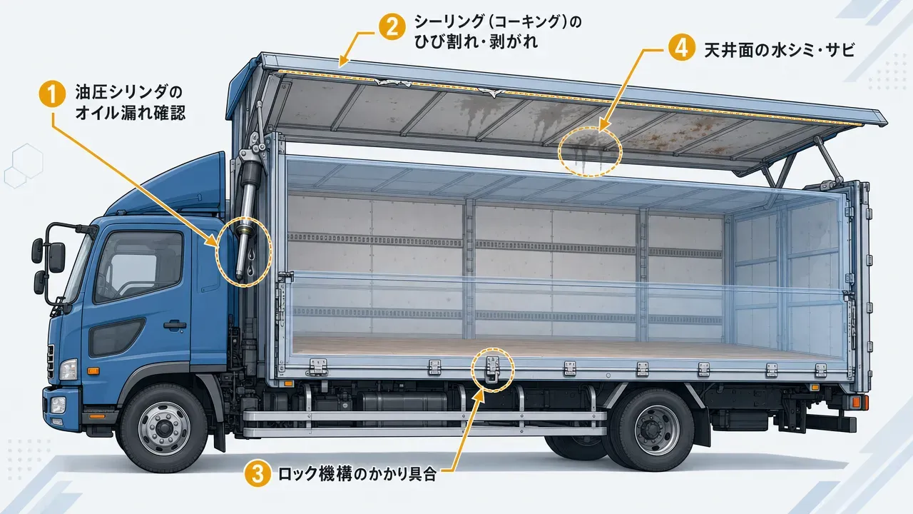 中古ウイング車のチェックポイント図解。油圧シリンダのオイル漏れ、天井・パネル合わせ目のシーリング劣化、ロック機構のかかり具合、庫内天井の水シミ・サビの4箇所を矢印で注釈