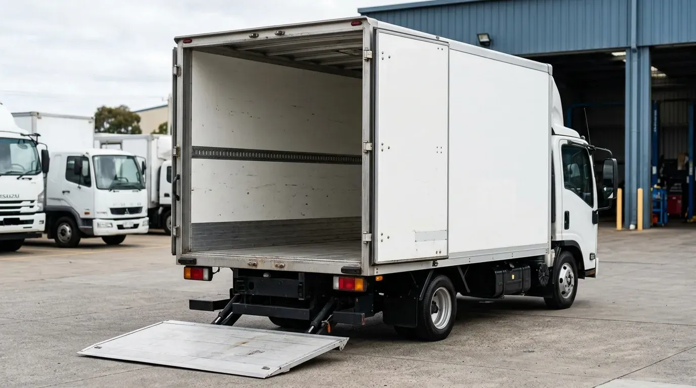 中古配送トラックの実車確認風景:パワーゲート、荷室床板、ドアヒンジの状態を現車でチェックする様子