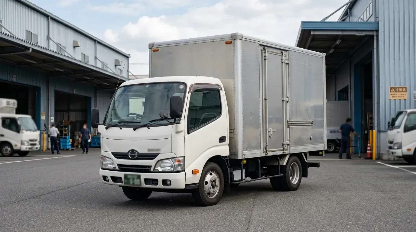 物流拠点に停車する中古トラック。4年落ち以上の中古トラックは節税効果が高い