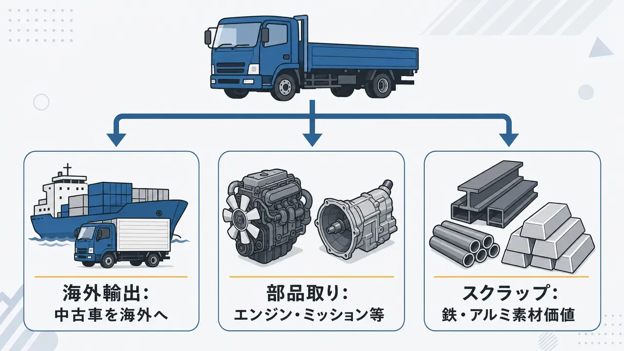 トラックの3つの残存価値(海外輸出・部品取り・スクラップ)を3カラムで示す概念図。1台のトラックから生まれる複数の価値を矢印で表現。