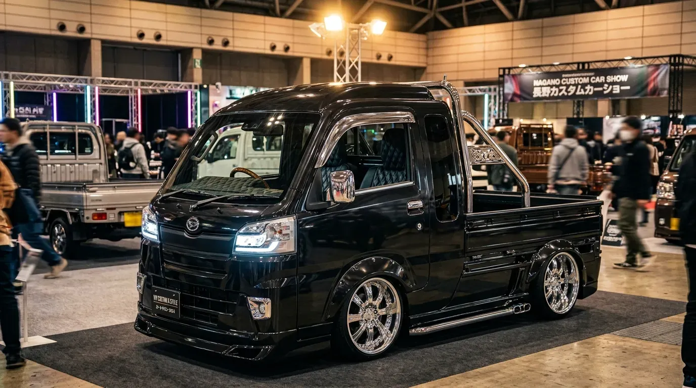 VIPスタイルにカスタムされた軽トラックの展示車両。ローダウン・深リムホイール・エアロパーツで仕上げられた完成形