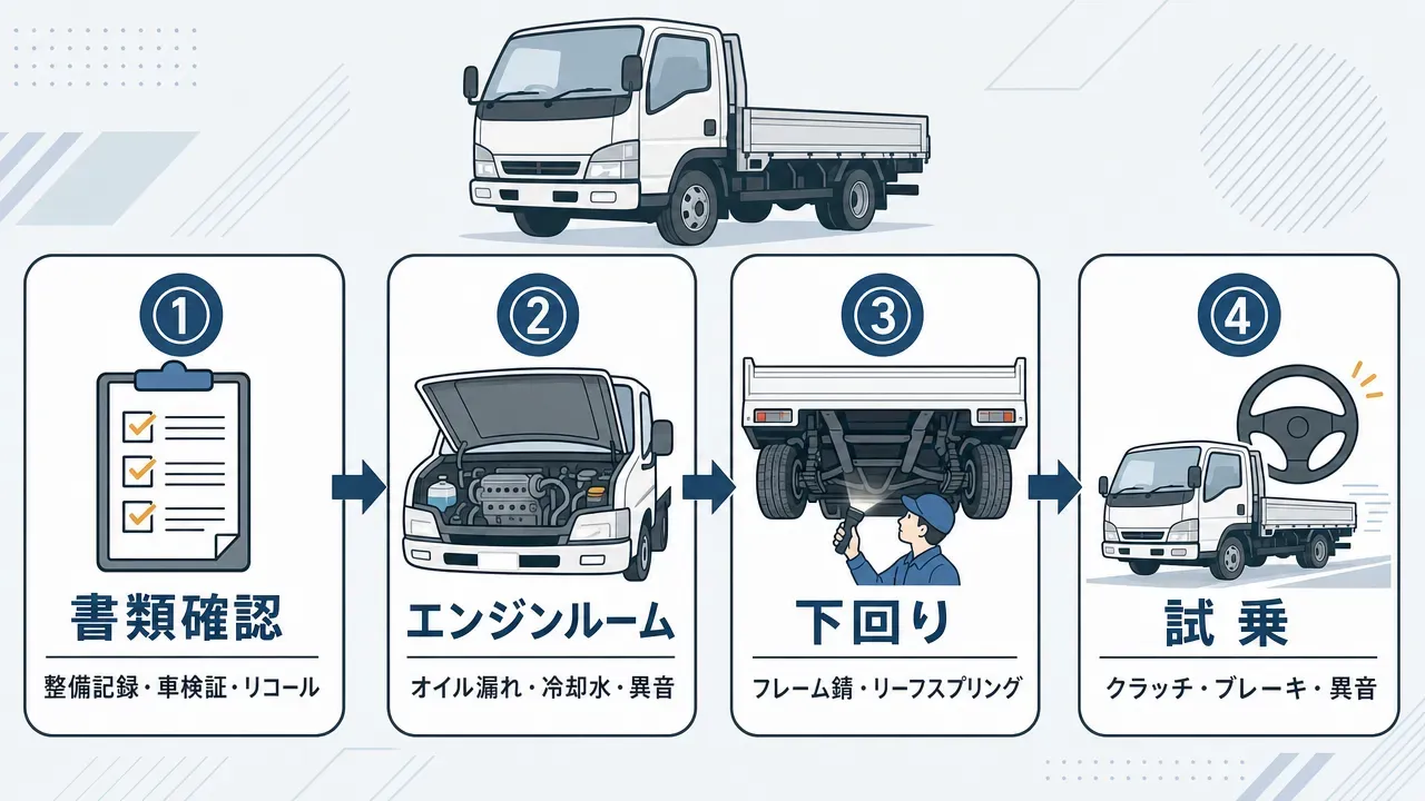 ダイナの主な弱点箇所を示す図。①インジェクター(エンジン付近)、②DPF(排気系)、③クラッチ(トランスミッション付近)、④フレーム(荷台下)、⑤オルタネーター(エンジン補機類)の5箇所に注意マーク。